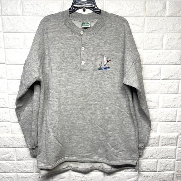 Vintage Duck Embroidered 3 Button Front Henley Crewneck Made In USA Men Sz L EUC - Picture 1 of 11